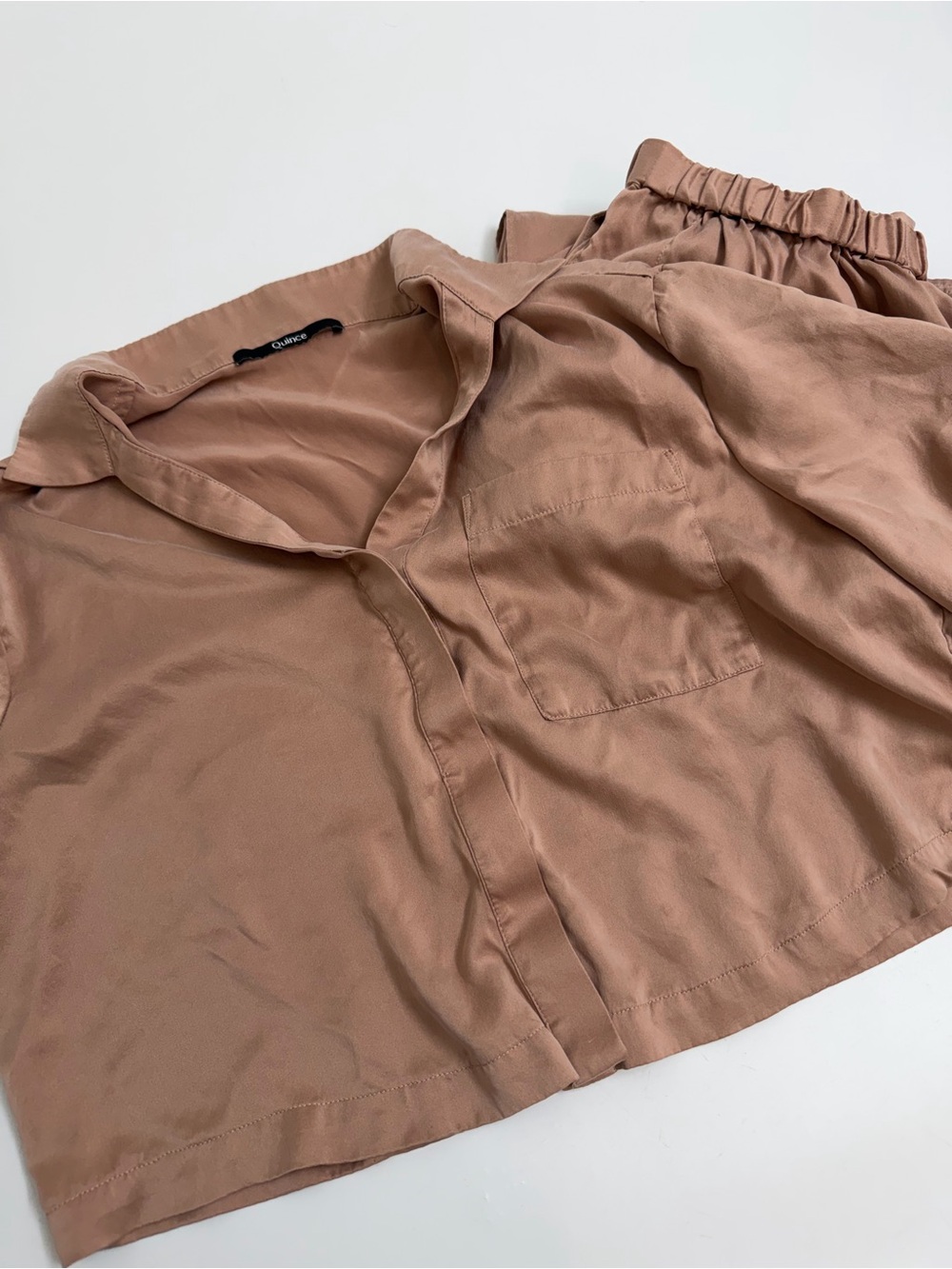 Quince 100% Silk Pajama Set S Toasted Almond Wide Leg Pants Cropped Top